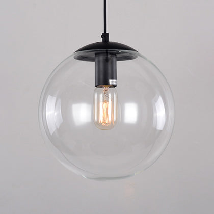 Industrial Globe Pendant Lighting - Clear Glass Hanging Ceiling Light Black/Chrome Various Widths