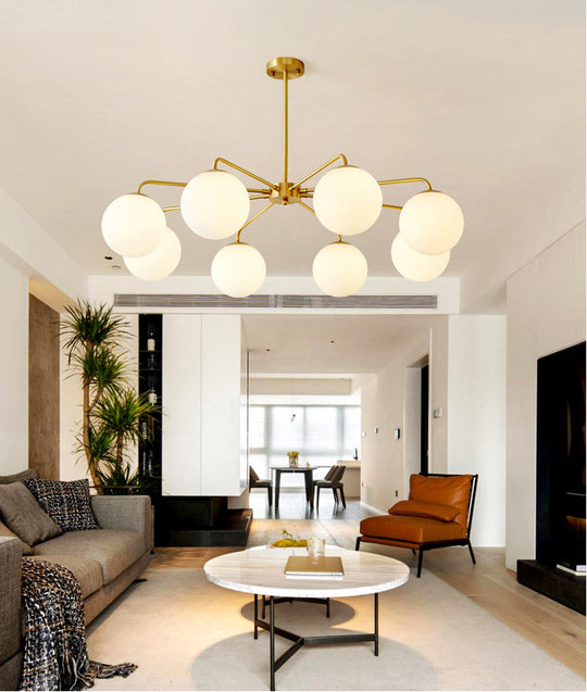 Minimalist White Glass Chandelier - Sleek Spherical Ceiling Light For Living Room