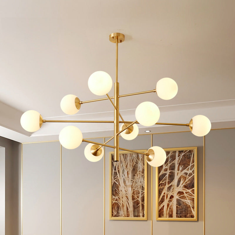 Modern Gold Hanging Chandelier With Satin Opal Glass Ceiling Light For Living Room