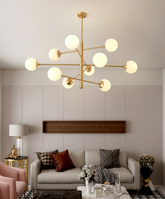 Modern Gold Hanging Chandelier With Satin Opal Glass Ceiling Light For Living Room