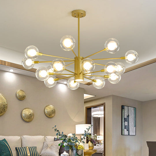 Modern Starburst Hanging Chandelier Light For Living Room - Clear Globe Glass Ceiling Pendant