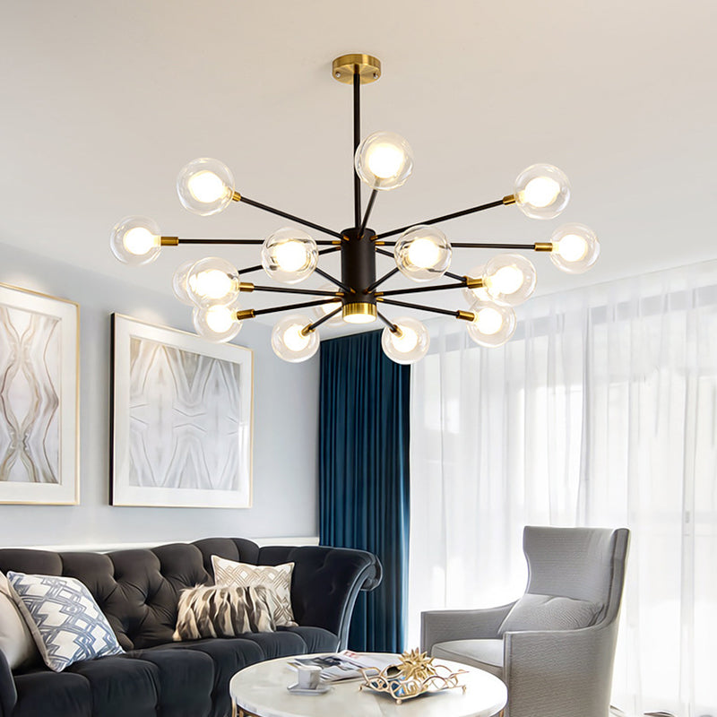 Modern Starburst Hanging Chandelier Light For Living Room - Clear Globe Glass Ceiling Pendant