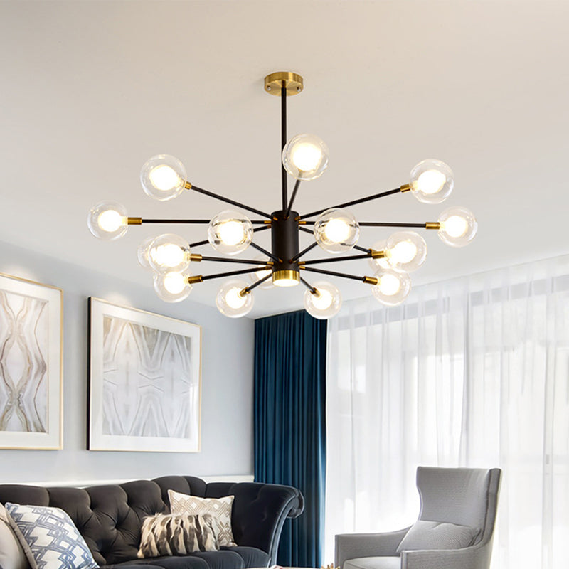 Modern Starburst Hanging Chandelier Light For Living Room - Clear Globe Glass Ceiling Pendant