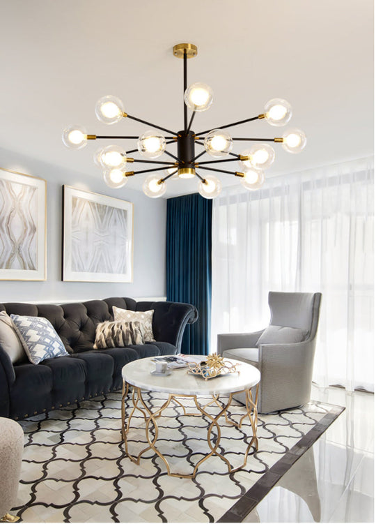 Modern Starburst Hanging Chandelier Light For Living Room - Clear Globe Glass Ceiling Pendant