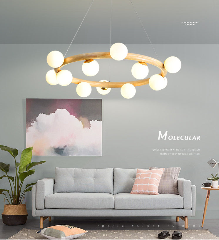 Modern Minimalist Natural Wood Round Chandelier - Stylish Light Fixture For Living Room Ceiling