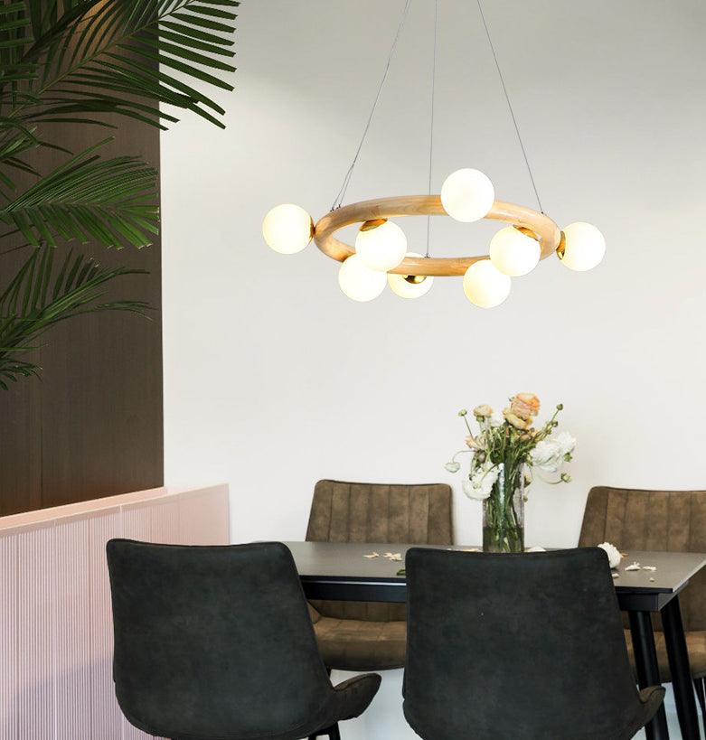 Modern Minimalist Natural Wood Round Chandelier - Stylish Light Fixture For Living Room Ceiling