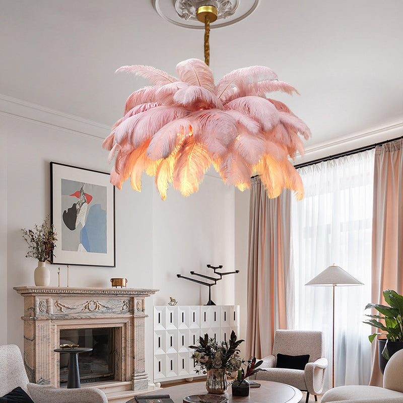 Modern Nordic 5-Light Ostrich Feather Ceiling Chandelier For Bedroom