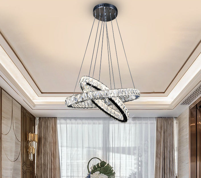 Modern Led Crystal Pendant Lamp: 2-Tier Circular Carousel Design Minimalistic Prismatic Ideal For