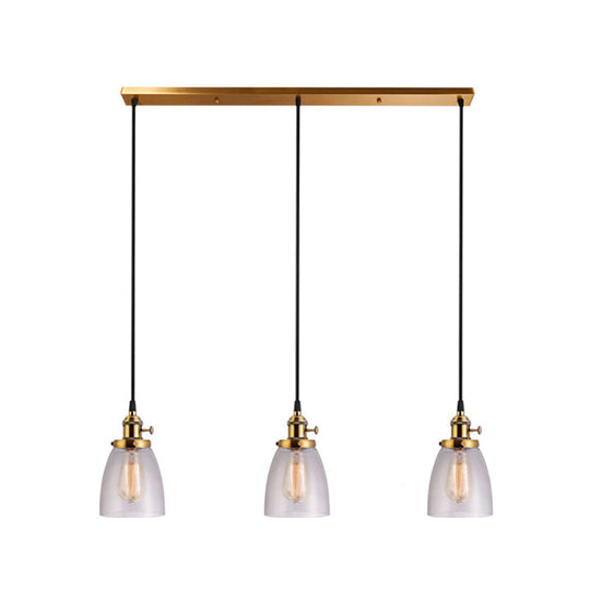 Industrial Glass Pendant Lights For Bar - 3 Tapered Pendants On Hanging Cord Brass / Linear