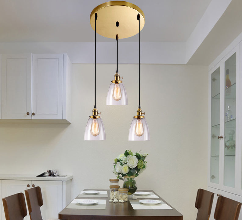 Industrial Glass Pendant Lights For Bar - 3 Tapered Pendants On Hanging Cord