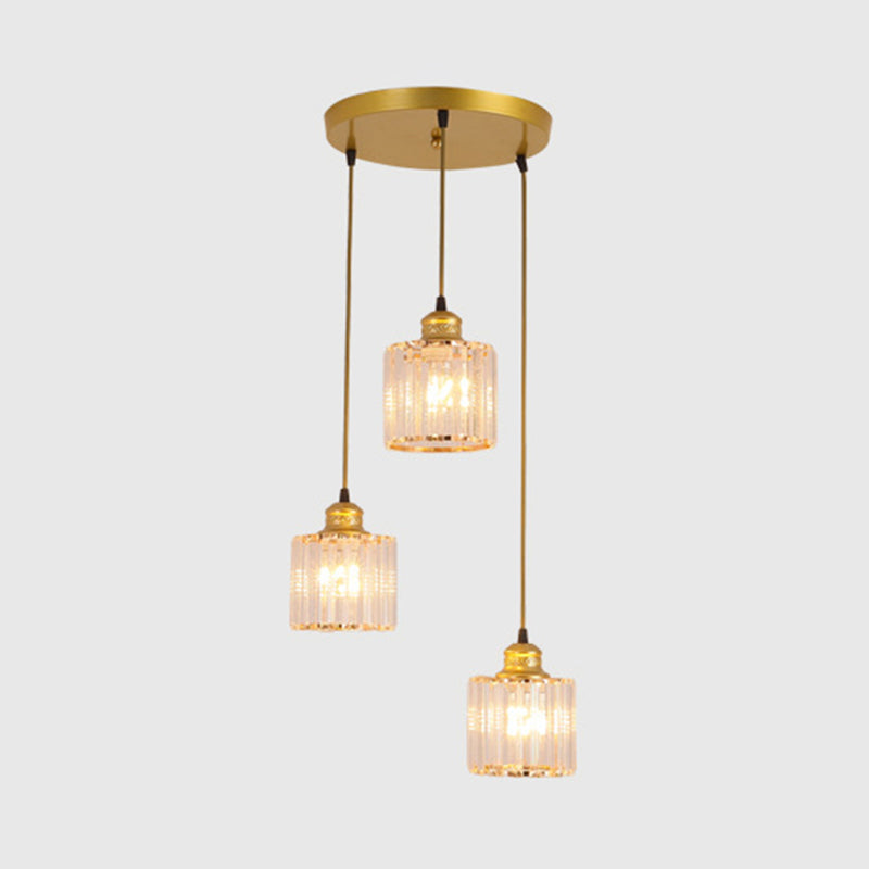 Industrial Ribbed Glass Hanging Ceiling Light With 3 Cylinder Shades - Perfect For Restaurants Gold