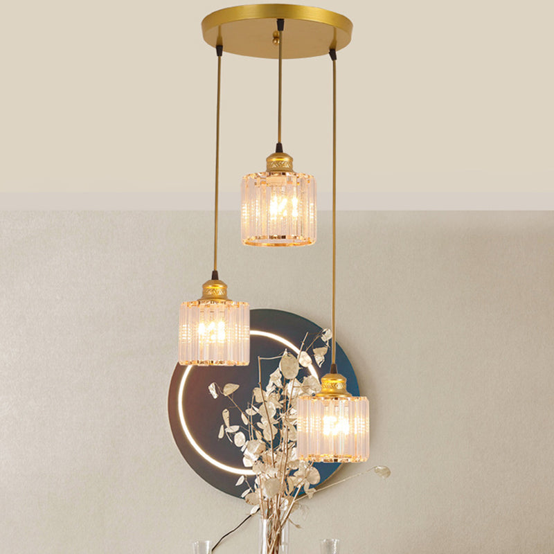 Industrial Ribbed Glass Hanging Ceiling Light With 3 Cylinder Shades - Perfect For Restaurants