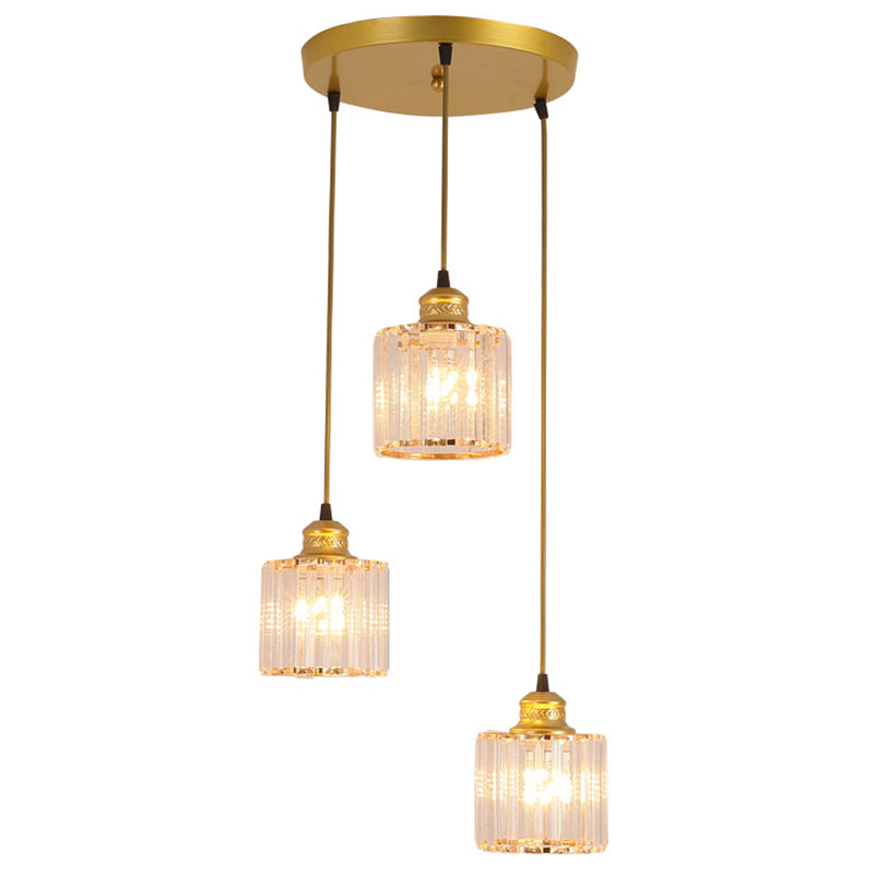 Industrial Ribbed Glass Hanging Ceiling Light With 3 Cylinder Shades - Perfect For Restaurants