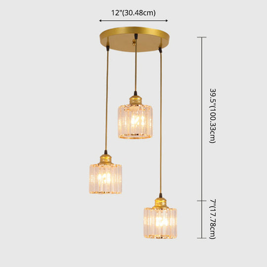 Industrial Ribbed Glass Hanging Ceiling Light With 3 Cylinder Shades - Perfect For Restaurants