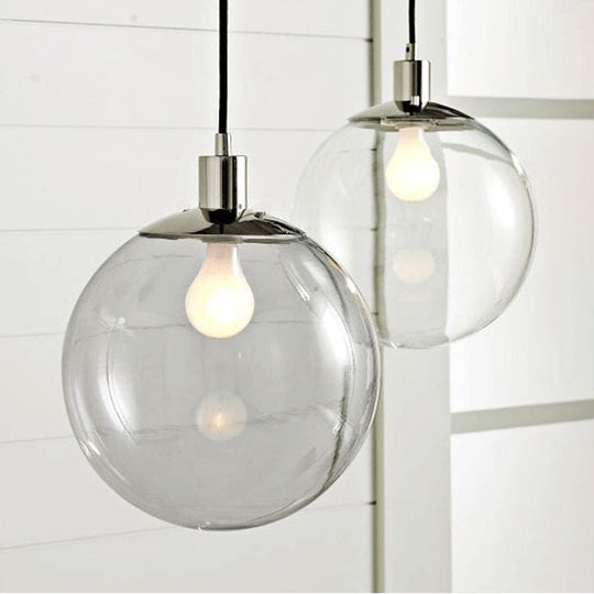 Industrial Globe Pendant Lighting - Wide 1-Light Clear Glass Ceiling Light (6"/8"/12"), Black/Chrome