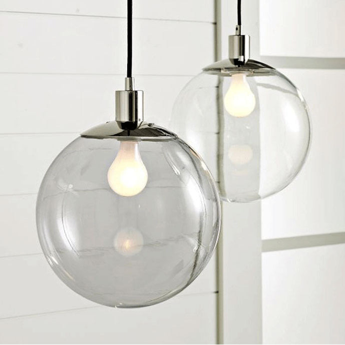 Industrial Globe Pendant Lighting - Clear Glass Hanging Ceiling Light Black/Chrome Various Widths