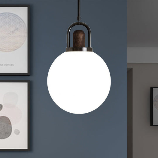 Modern White Glass Globe Pendant Light with Wood Cap - 1 Head Black Lighting Fixture - Available in 6"/10"/14" Wide