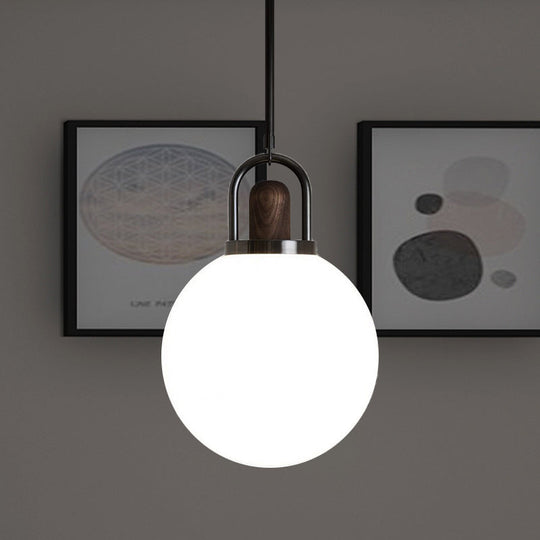 Modern White Glass Globe Pendant Light with Wood Cap - 1 Head Black Lighting Fixture - Available in 6"/10"/14" Wide