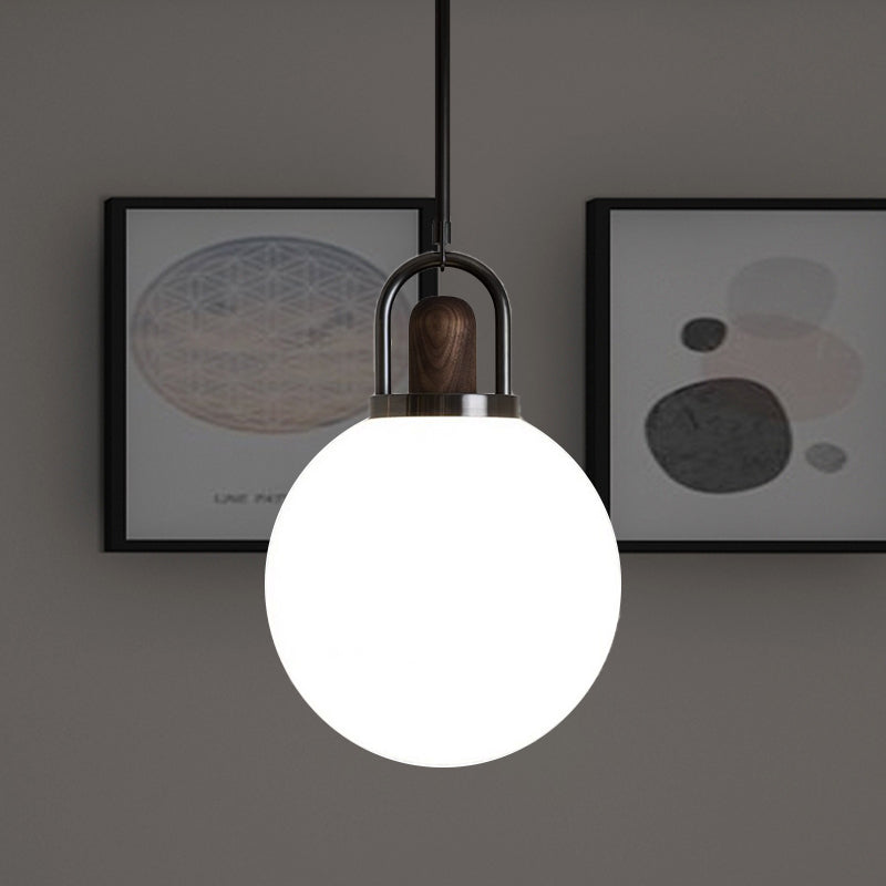 Modern White Glass Globe Hanging Light Fixture - 6/10/14 Wide 1 Head Black Pendant With Wood Cap