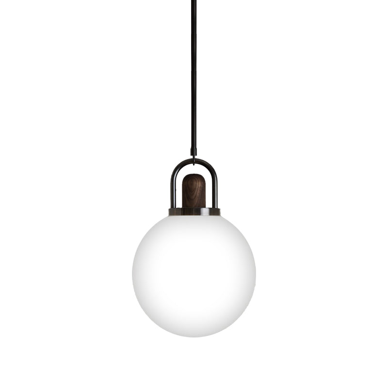 Modern White Glass Globe Pendant Light with Wood Cap - 1 Head Black Lighting Fixture - Available in 6"/10"/14" Wide