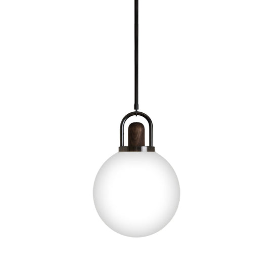 Modern White Glass Globe Pendant Light with Wood Cap - 1 Head Black Lighting Fixture - Available in 6"/10"/14" Wide