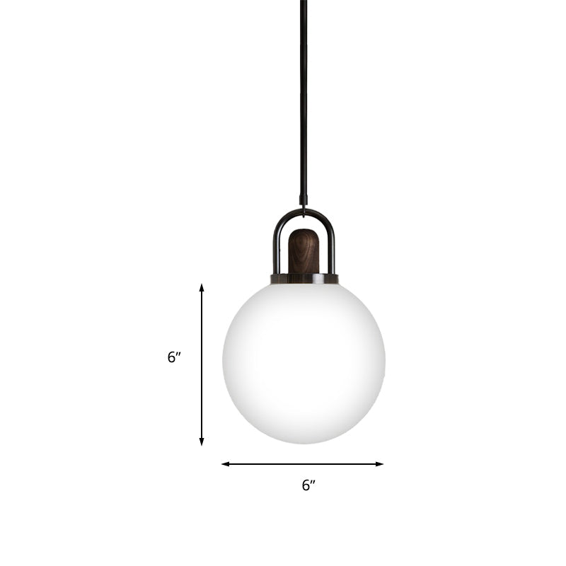 Modern White Glass Globe Pendant Light with Wood Cap - 1 Head Black Lighting Fixture - Available in 6"/10"/14" Wide