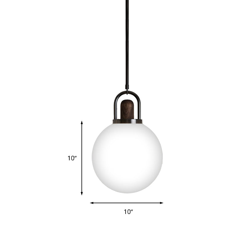 Modern White Glass Globe Pendant Light with Wood Cap - 1 Head Black Lighting Fixture - Available in 6"/10"/14" Wide