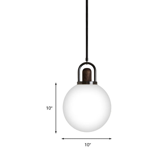 Modern White Glass Globe Hanging Light Fixture - 6/10/14 Wide 1 Head Black Pendant With Wood Cap