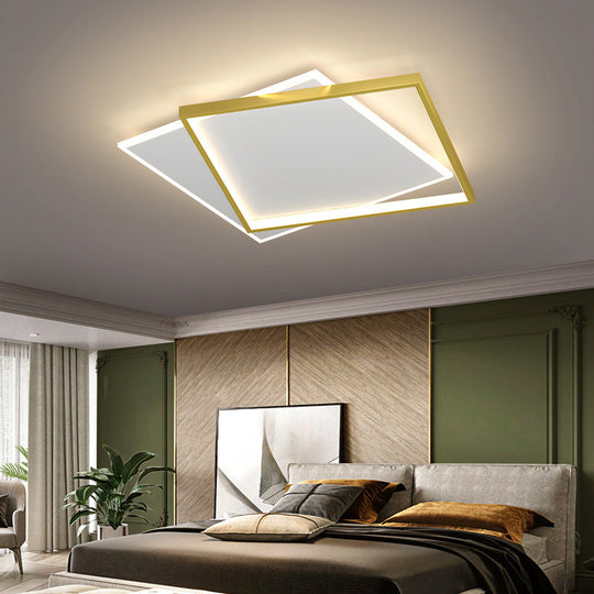 Gold Square Led Flush Mount Light Fixture - Minimalist Bedroom Ceiling Lamp