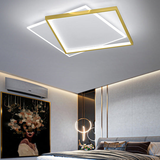 Gold Square Led Flush Mount Light Fixture - Minimalist Bedroom Ceiling Lamp