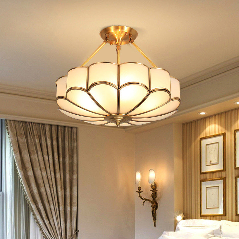 Traditional Glass Petal Brass Semi-Flush Ceiling Light Fixture