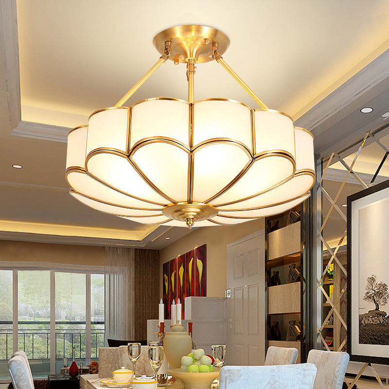 Traditional Glass Petal Brass Semi-Flush Ceiling Light Fixture