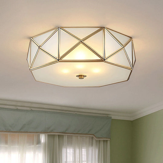 Traditional Brass Glass Drum Ceiling Mount Light Fixture - Bedroom Flushmount Lamp