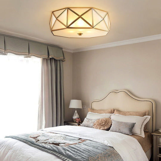 Traditional Brass Glass Drum Ceiling Mount Light Fixture - Bedroom Flushmount Lamp