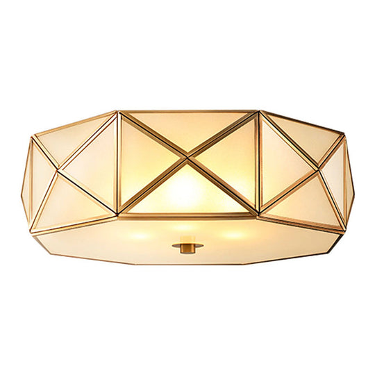 Traditional Brass Glass Drum Ceiling Mount Light Fixture - Bedroom Flushmount Lamp