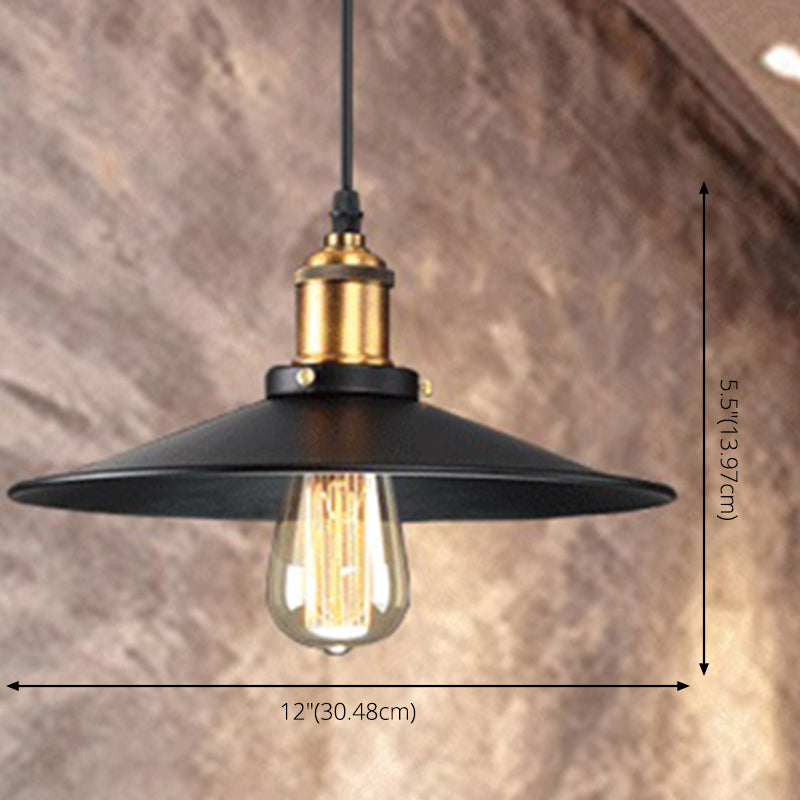 Industrial Style Black Vintage Hanging Light Fixture With Metal Saucer Shade And Brass Lamp Socket -