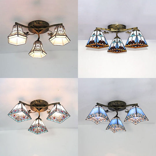 Retro Style Geometric Stained Glass Ceiling Light Fixture - 3 Lights with Wire Mesh and Elegant Patterns