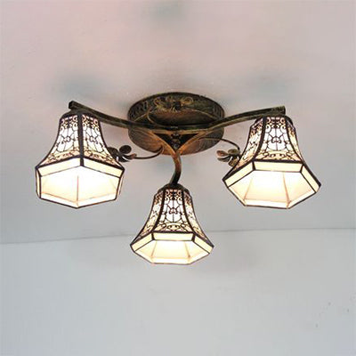 Retro Style Geometric Stained Glass Ceiling Light Fixture - 3 Lights with Wire Mesh and Elegant Patterns