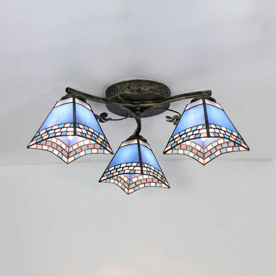 Retro Style Geometric Stained Glass Ceiling Light Fixture - 3 Lights with Wire Mesh and Elegant Patterns