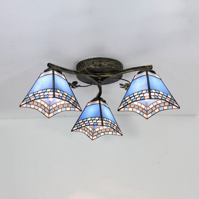 Retro Style Geometric Stained Glass Ceiling Light Fixture - 3 Lights With Wire Mesh And Elegant