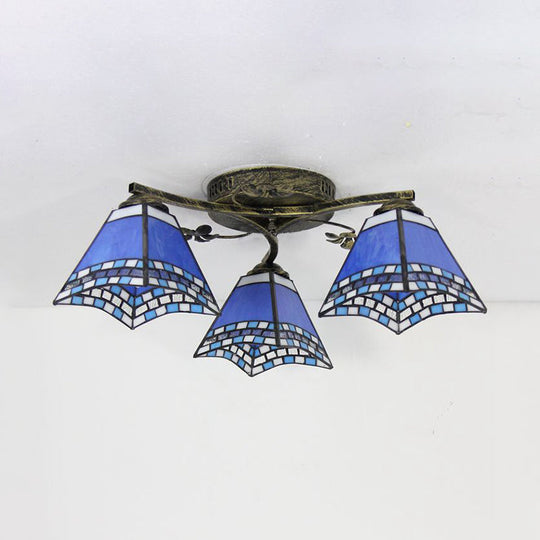 Retro Style Geometric Stained Glass Ceiling Light Fixture - 3 Lights with Wire Mesh and Elegant Patterns