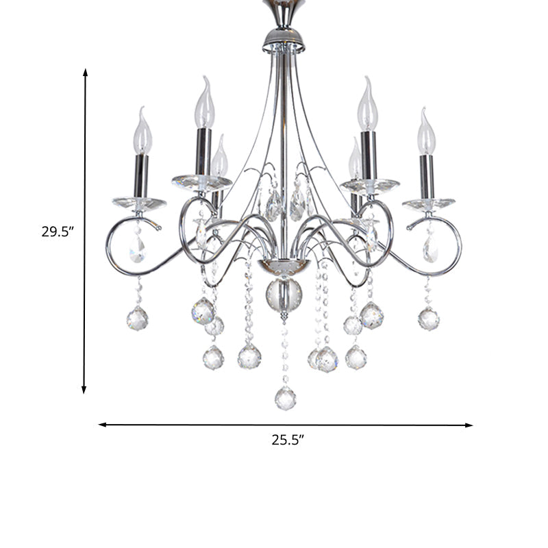 Silver Metal Chandelier With Crystal Ball Décor - 6 Heads Traditional Candle-Style Lighting For