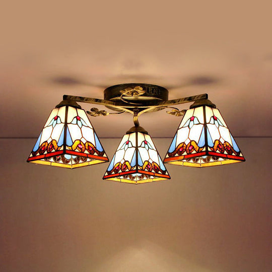 Retro Style Geometric Stained Glass Ceiling Light Fixture - 3 Lights with Wire Mesh and Elegant Patterns