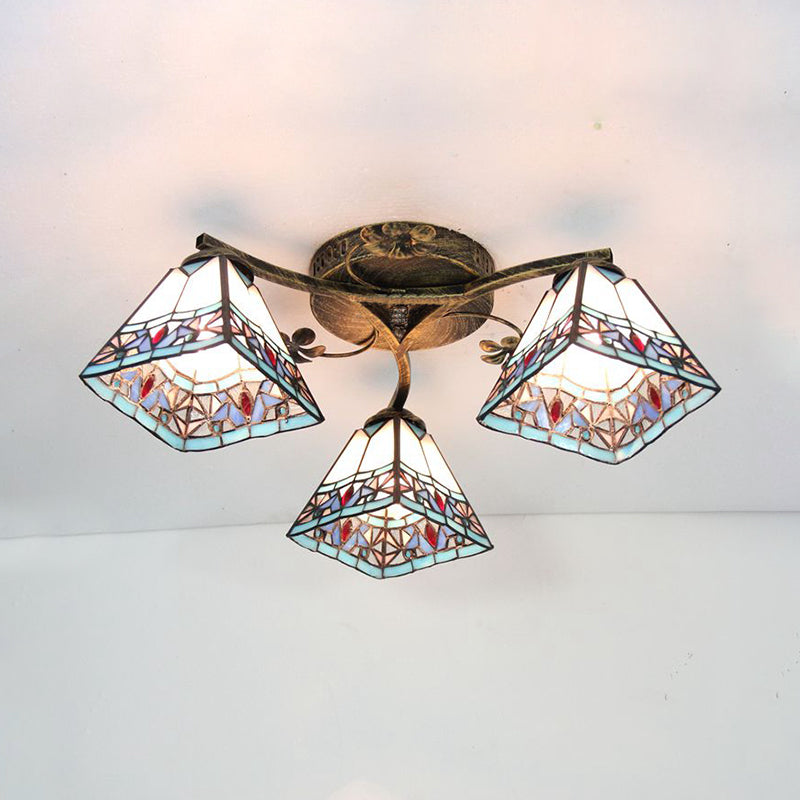 Retro Style Geometric Stained Glass Ceiling Light Fixture - 3 Lights with Wire Mesh and Elegant Patterns