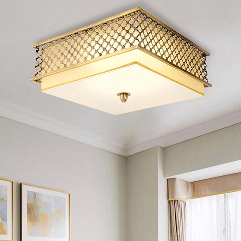 Traditional Square Metal Flushmount Lighting In Brass For Bedroom - 5 Lights 16/19.5 Wide / 19.5