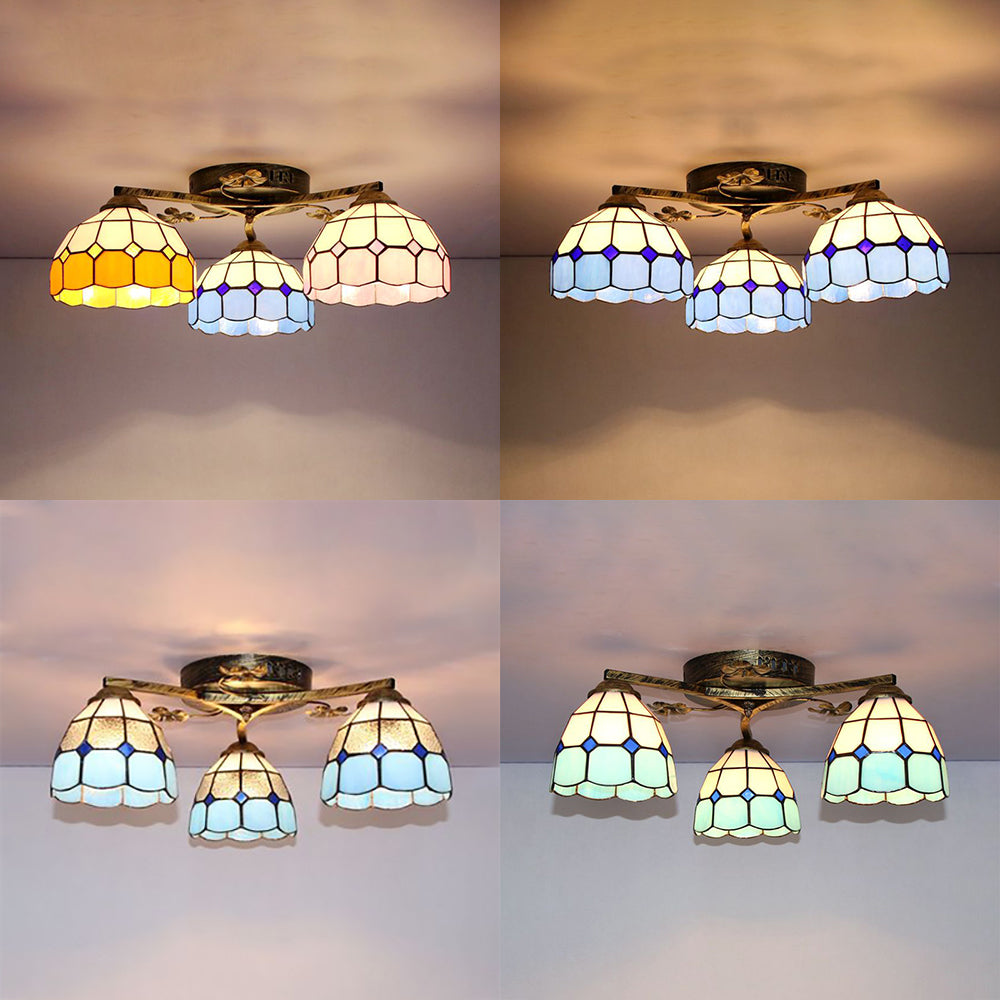 Vintage Stained Glass Ceiling Light - Conic Flushmount with Art Pattern, 3 Lights