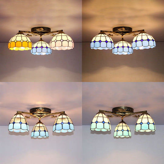 Vintage Stained Glass Ceiling Light - Conic Flushmount with Art Pattern, 3 Lights