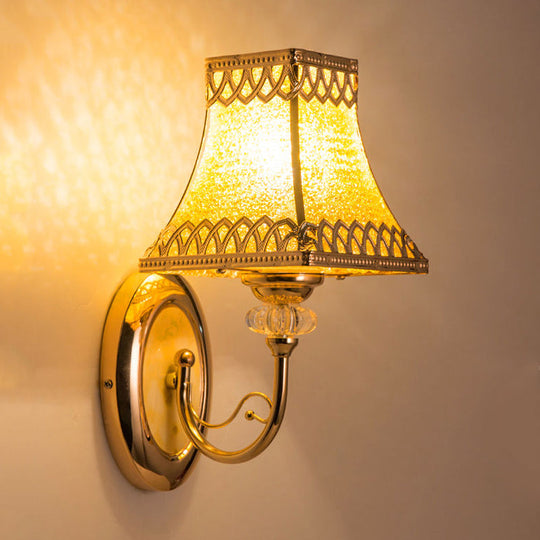 Colonial Gold Bell Wall Sconce With Beveled Glass And Arched Arm For Indoor Use