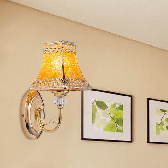 Colonial Gold Bell Wall Sconce With Beveled Glass And Arched Arm For Indoor Use