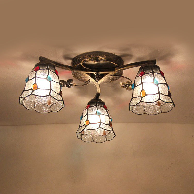 Vintage Stained Glass Ceiling Light - Conic Flushmount with Art Pattern, 3 Lights